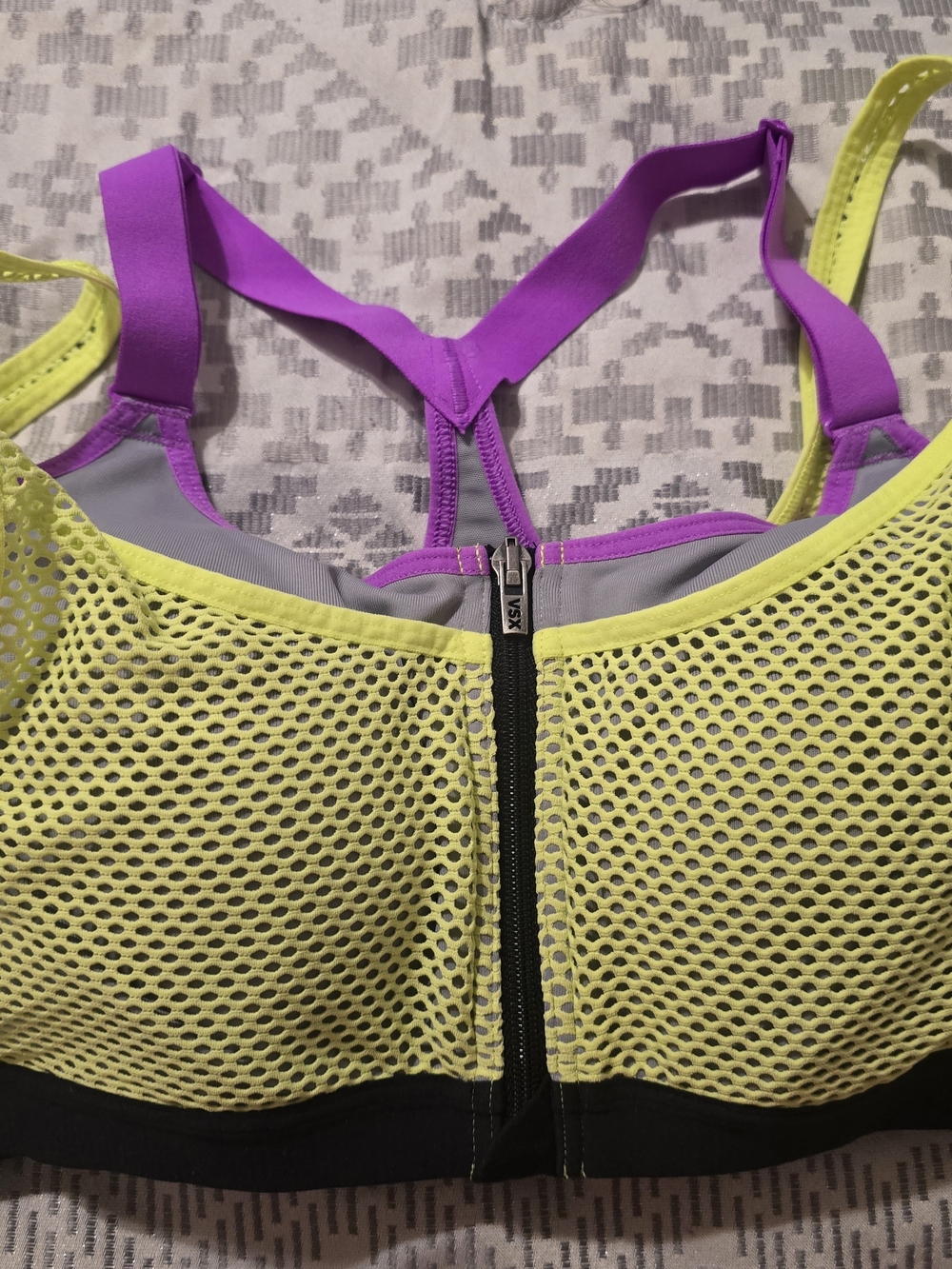 VSX Front-Zip Neon Mesh Sports Bra - Yellow & Purple